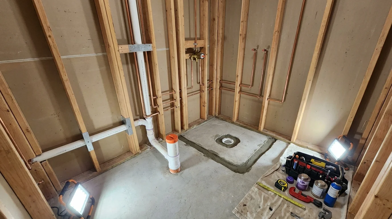 Bathroom rough-in plumbing during remodel by Johns Plumbing LLC in Eunice