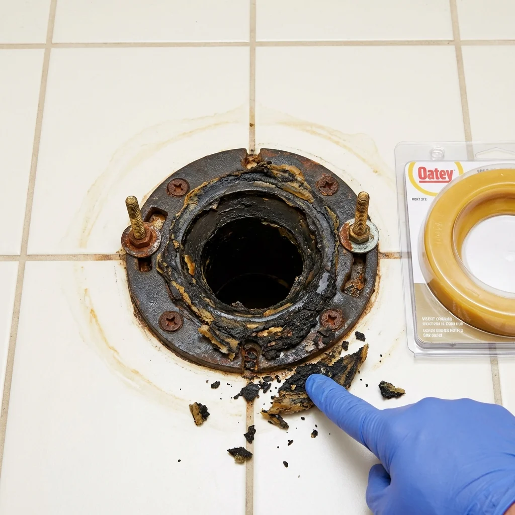 Failed wax ring showing water seepage at the base of a toilet in a Eunice, NM home